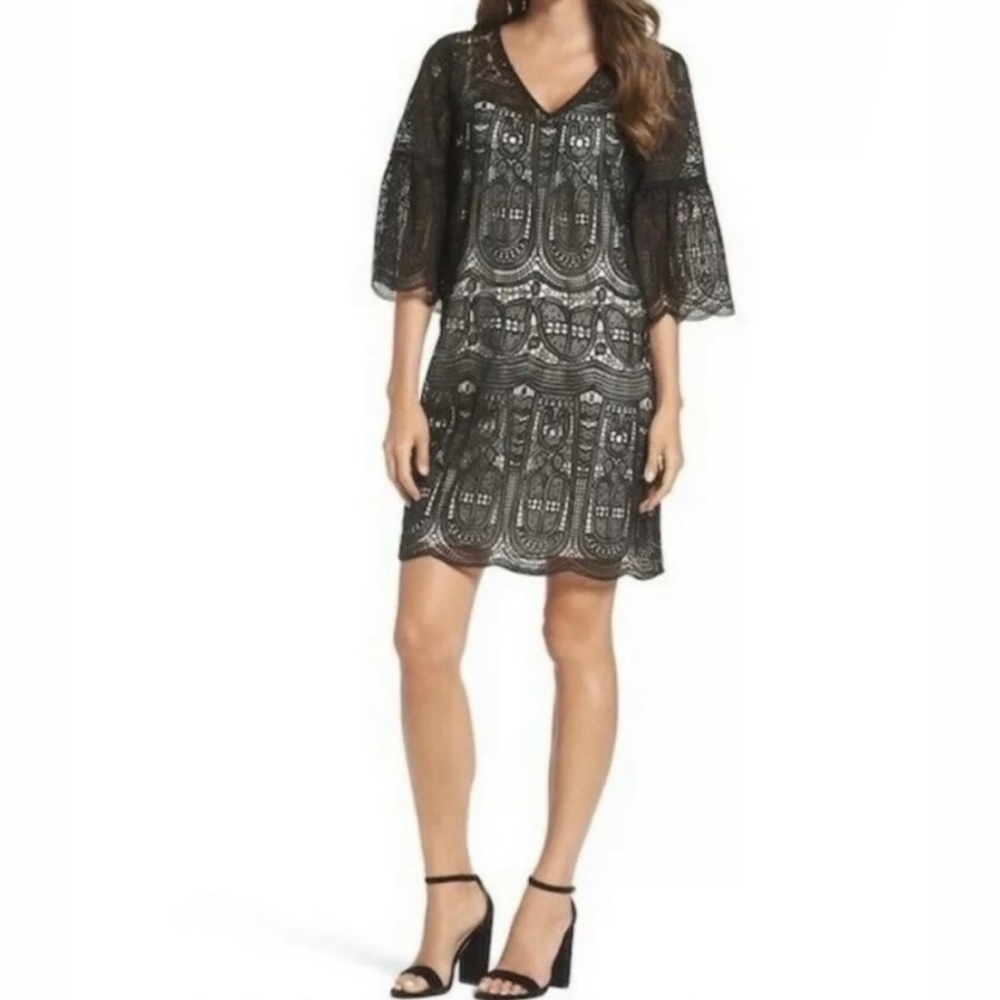 Kobi Halperin Gaia Guipure Lace V Neck Mini Dress MISSING SLIP Black Cocktail